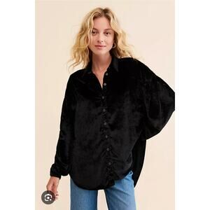 New We The Free Womens Black La Luna Velvet Buttondown Blouse Top Large